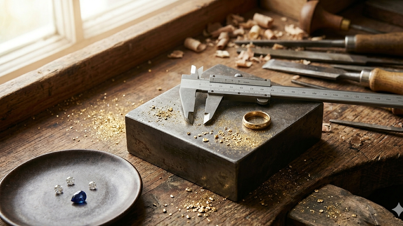Gold ring on a metal block with calipers and tools on a wooden workbench.