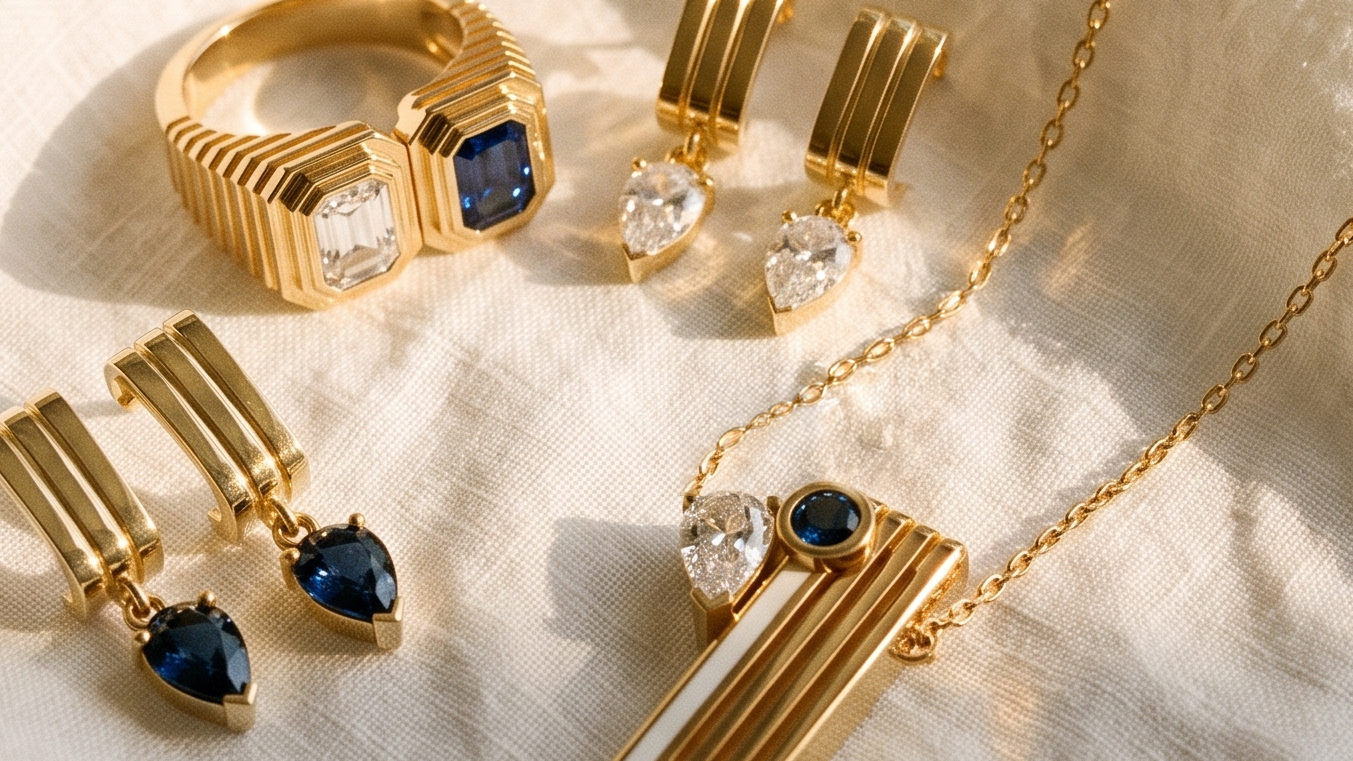 Gold jewelry set including a ring, necklace, and earrings with clear and dark blue gemstones, arranged on a textured cream linen fabric.