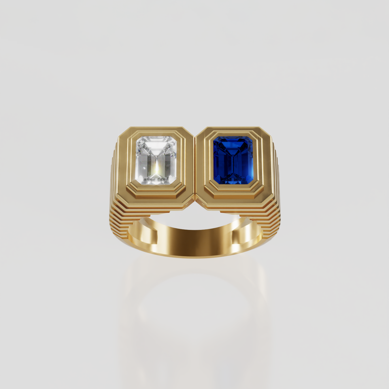 Ribbed  yellow gold ring with emerald cut diamond and blue sapphire