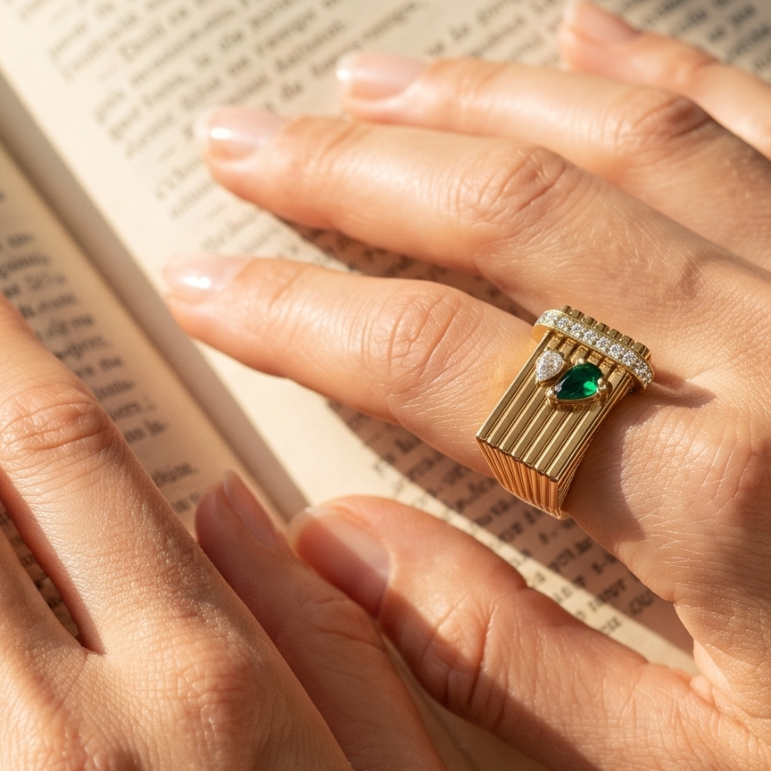 A close-up lifestyle shot of a person's hands resting on an open book, wearing a gold ring with a green stone on the ring finger.