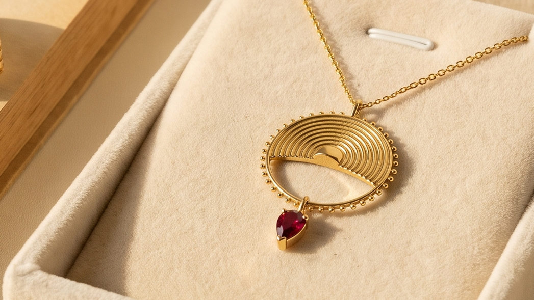 round yellow gold pendant with pear shaped tourmaline drop with thin gold chain