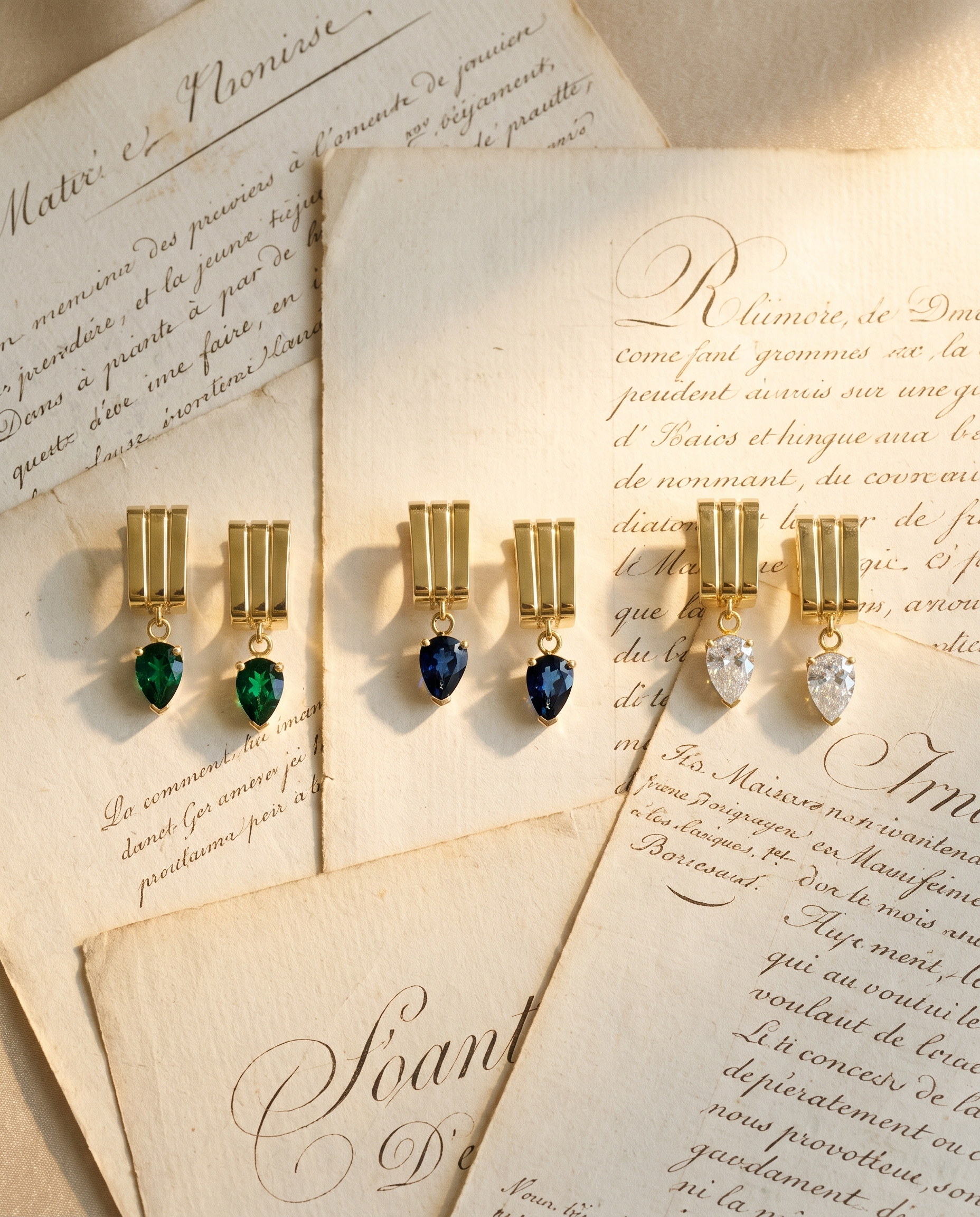 three pairs of gold drop earrings with marquise-cut green, white and blue gemstones are arranged on vintage cream-colored handwritten papers.