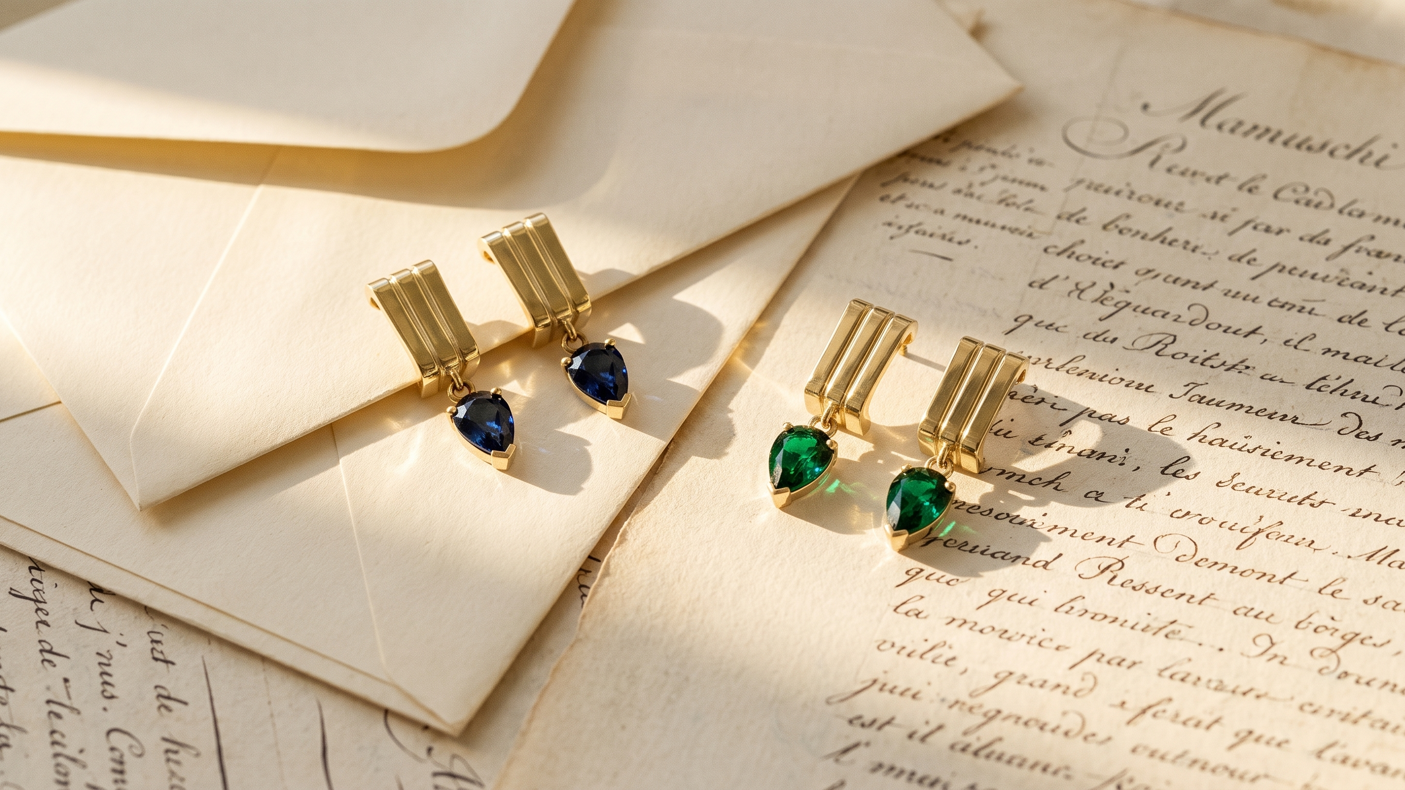 Two pairs of gold earrings with marquise-cut blue and green gemstones, styled on vintage cream-colored letters and paper.