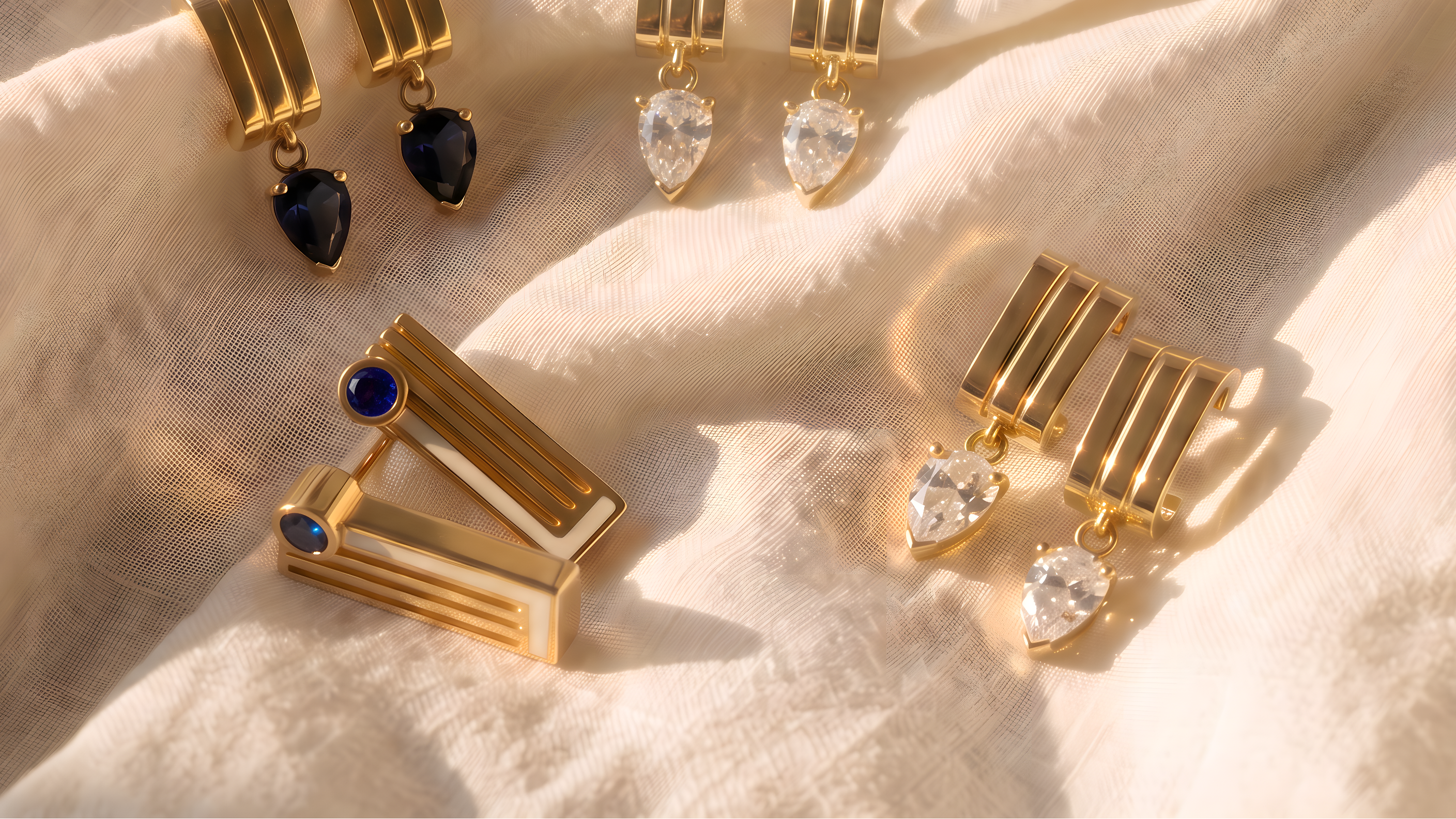 Gold geometric drop earrings with black and clear pear-shaped stones, arranged on a draped cream fabric background with warm sunlight and shadows.